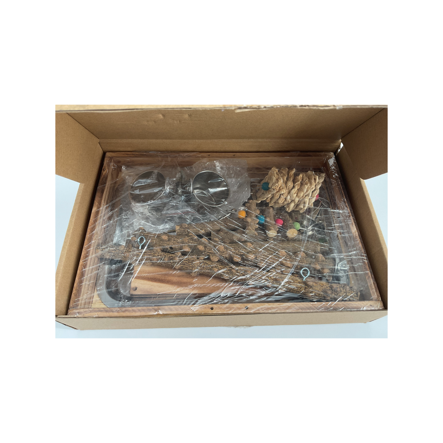 Natural Wood Bird Toys Playground, Bird Cage Accessories, Bird Perches, with Removable Tray and 2 Stainless Steel Cups