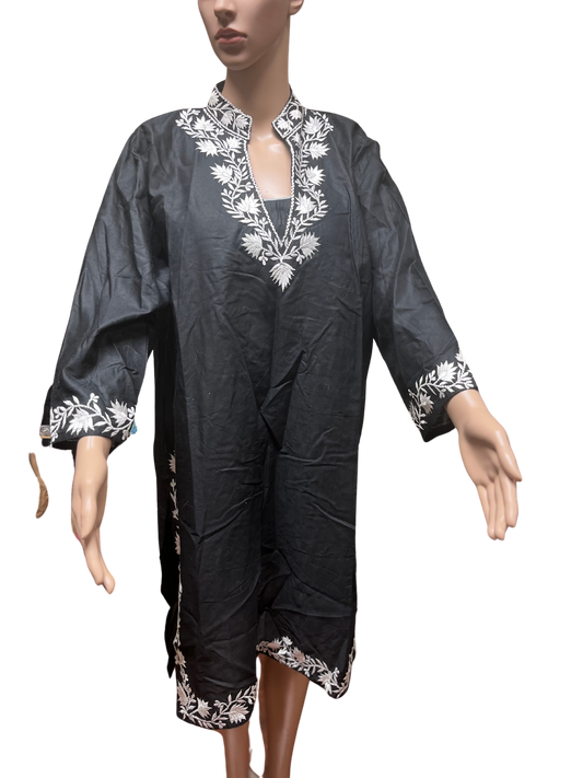 Embroiderd Pure Cotton Kaftan Black Tunic Dress (Size Large)